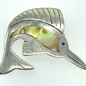 Vintage Taxco Mexico Sterling Silver & Abalone Marlin Fish Pin Brooch Small